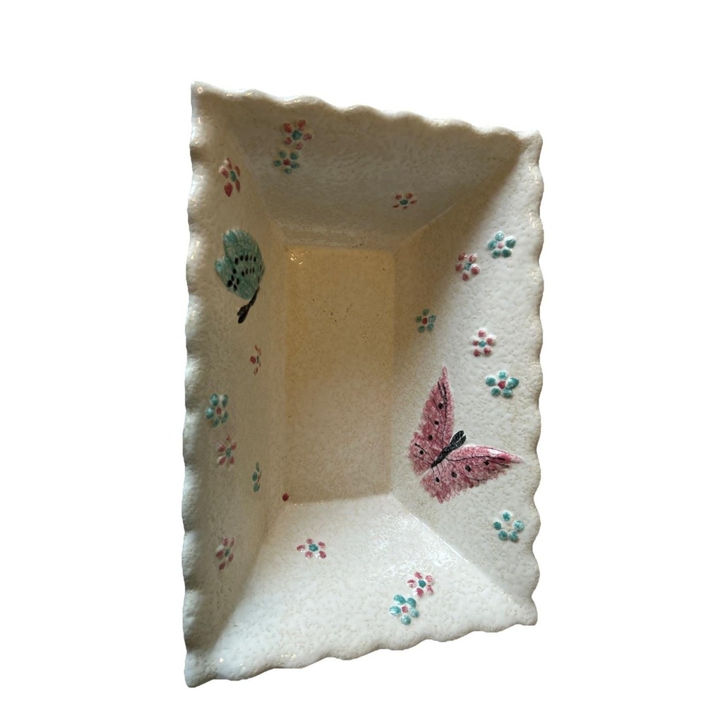 Vintage Hull Pottery USA Butterfly Floral Scalloped Rectangular Bowl Cream 56 b7